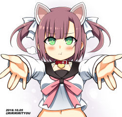 Rule 34 | 1girl, animal ears, azur lane, blush, brown hair, collar, commentary request, dated, dog ears, green eyes, heart, highres, looking at viewer, midriff, navel, portrait, pout, reaching, reaching towards viewer, richou (zerozero1101), school uniform, shiratsuyu (azur lane), short hair, simple background, solo, twintails, twitter username, white background