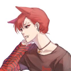 Rule 34 | 1boy, androgynous, animal ears, black choker, black shirt, cat ears, choker, collarbone, commentary, copyright request, ear piercing, earrings, extra ears, eye piercing, from side, highres, jewelry, layered sleeves, long sleeves, male focus, mouth piercing, parted lips, piercing, red eyes, red hair, shirt, short hair, short over long sleeves, short sleeves, simple background, smile, solo, striped sleeves, tanu0706, teeth, upper body