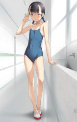 Rule 34 | 1girl, bare shoulders, black hair, blue eyes, braid, cameltoe, competition school swimsuit, flat chest, glasses, legs, long hair, looking at viewer, no socks, one-piece swimsuit, original, school swimsuit, shoes, sody, solo, standing, swimsuit, twin braids, uwabaki
