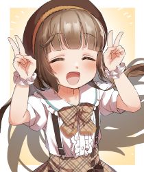 Rule 34 | 1girl, :d, ^ ^, beret, blush, bow, brown bow, brown hair, brown hat, brown skirt, center frills, closed eyes, collared shirt, double v, facing viewer, frilled shirt collar, frills, hands up, hat, highres, idolmaster, idolmaster cinderella girls, open mouth, plaid, plaid bow, plaid skirt, puffy short sleeves, puffy sleeves, scrunchie, shirt, short sleeves, skirt, smile, solo, suspender skirt, suspenders, v, white scrunchie, white shirt, wrist scrunchie, yorita yoshino, yukie (kusaka shi)