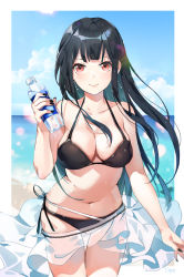 Rule 34 | 1girl, bare arms, bare shoulders, bikini, black bikini, black hair, black nails, blue sky, blush, bottle, breasts, cleavage, closed mouth, collarbone, commentary, day, earrings, emyo, holding, holding bottle, jewelry, large breasts, lens flare, long hair, nail polish, navel, ocean, original, outdoors, red eyes, skirt, sky, smile, solo, straight hair, swimsuit, thigh gap, thighs, very long hair, water bottle, white skirt