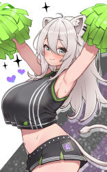 Rule 34 | 1girl, adapted costume, ahoge, animal ears, armpits, arms up, black skirt, blush, breasts, cheerleader, commentary, cowboy shot, from side, grey eyes, grey hair, hair between eyes, highres, hololive, kani bonara, large breasts, leo (symbol), lion ears, lion girl, lion tail, long hair, looking at viewer, microskirt, midriff, pleated skirt, pom pom (cheerleading), shishiro botan, shishiro botan (1st costume), skirt, smile, solo, symbol-only commentary, tail, virtual youtuber, white background