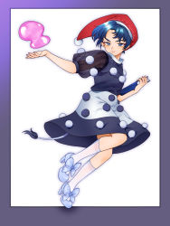 Rule 34 | 1girl, absurdres, blob, blue eyes, blue hair, book, doremy sweet, dream soul, dress, hat, highres, multicolored clothes, multicolored dress, nightcap, nightgown, pom pom (clothes), short hair, sibata maru, solo, tail, tapir tail, touhou