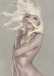 Rule 34 | 1girl, covering privates, covering breasts, grey background, half-closed eyes, mana30row, nude, original, realistic, solo, white hair