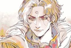 Rule 34 | 1boy, bright pupils, closed mouth, earrings, emet-selch, eyelashes, eyeshadow, final fantasy, final fantasy xiv, fur trim, garlean, half-closed eyes, jewelry, l un known, makeup, male focus, multicolored hair, portrait, signature, single earring, sketch, solo, streaked hair, third eye, upper body, watercolor background, white hair, white pupils, yellow eyes