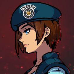 Rule 34 | 1girl, akairiot, beret, blue eyes, capcom, commission, gradient background, hat, jill valentine, portrait, profile, red background, resident evil, shadow, solo