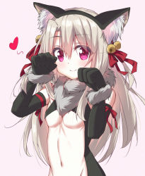 Rule 34 | 1girl, animal ears, bare shoulders, bell, black gloves, blonde hair, blush, breasts, cat ears, center opening, closed mouth, dangeroes beast (illya), elbow gloves, fake animal ears, fate/kaleid liner prisma illya, fate (series), fur collar, gloves, hair between eyes, hair ribbon, hand up, heart, illyasviel von einzbern, jingle bell, long hair, looking at viewer, navel, official alternate costume, paw pose, pink background, pink eyes, qingchen (694757286), red ribbon, revealing clothes, ribbon, simple background, small breasts, smile, solo, stomach, underboob, upper body, very long hair