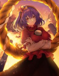 Rule 34 | 1girl, belt, black skirt, breasts, cloud, commentary request, cowboy shot, hair between eyes, hair ornament, highres, kyouda suzuka, large breasts, leaf hair ornament, light particles, long sleeves, looking at viewer, mirror, orange sky, outdoors, puffy short sleeves, puffy sleeves, purple hair, red eyes, red shirt, rope, shide, shimenawa, shirt, short hair, short sleeves, skirt, sky, smile, solo, sunset, touhou, yasaka kanako