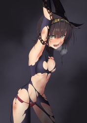 Rule 34 | arms up, assisted exposure, bad id, bad pixiv id, bdsm, black hair, blush, bodysuit, bondage, bound, breasts, brown eyes, chain, hairband, hatsuzuki (kancolle), highres, kantai collection, medium breasts, open mouth, panties, red panties, restrained, sanhon, scratches, simple background, solo, torn clothes, underwear