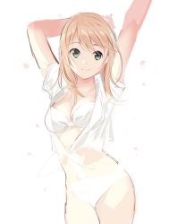 Rule 34 | 1girl, arms up, bad id, bad twitter id, blonde hair, breasts, character request, cleavage, contrapposto, copyright request, cowboy shot, green eyes, long hair, looking at viewer, open clothes, open shirt, raised eyebrows, shirt, sketch, smile, solo, standing, stretching, tied shirt, weee (raemz), white background