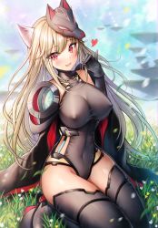 Rule 34 | 1girl, :d, animal ears, black cape, black footwear, black leotard, black thighhighs, blonde hair, blurry, blurry background, breasts, cape, cleavage, commentary request, covered erect nipples, fang, fellatio gesture, flower, fox ears, grass, heart, highres, impossible clothes, impossible leotard, leotard, long hair, looking at viewer, mask, mask on head, mirukurim, noh mask, open mouth, phantasy star, phantasy star online 2, red eyes, simple background, sitting, smile, solo, thighhighs, thighs, wariza