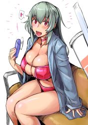 Rule 34 | bench, bikini, breasts, choker, cleavage, collarbone, commentary, cup, disposable cup, drinking straw, electric fan, eyepatch bikini, green hair, hair between eyes, handheld fan, heart, highres, jacket, large breasts, long hair, nail polish, open mouth, red bikini, red eyes, rozen maiden, sidelocks, sitting, smile, solo, spoken heart, suigintou, sweat, swimsuit, tsuda nanafushi, white background