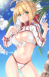 Rule 34 | ahoge, artoria pendragon (fate), bikini, blonde hair, blue sky, board game, breasts, cleavage, cloud, cloudy sky, commentary request, cosplay, covered erect nipples, cowboy shot, day, fate/extra, fate (series), front-tie bikini top, front-tie top, gluteal fold, go (board game), green eyes, hair between eyes, hair ribbon, highres, large breasts, mysterious heroine xx (fate), mysterious heroine xx (fate) (cosplay), navel, nero claudius (fate), nero claudius (fate) (all), nero claudius (fate/extra), palm tree, panties, parted lips, red ribbon, ribbon, shignonpencil, shrug (clothing), sky, solo, swimsuit, tree, underwear