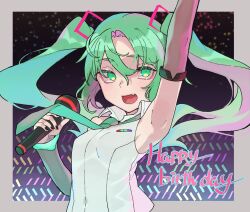 Rule 34 | 1girl, arm up, armpits, black nails, blush, border, breasts, commentary request, detached sleeves, fang, floating hair, green eyes, green hair, grey border, hair ornament, happy birthday, hatsune miku, hatsune miku (vocaloid4), highres, holding, holding microphone, long hair, looking at viewer, loose necktie, microphone, necktie, open mouth, outside border, popped collar, shirt, sleeveless, sleeveless shirt, small breasts, smile, solo, toriniku29, twintails, upper body, vocaloid