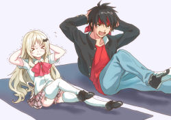 Rule 34 | &gt; &lt;, 1boy, 1girl, arms behind head, black hair, blonde hair, bow, closed eyes, commentary request, denim, dress shirt, exercising, full body, headband, inohara masato, jeans, little busters!, long hair, mitsuyo (mituyo324), noumi kudryavka, pants, pink bow, plaid, plaid skirt, pleated skirt, red headband, red shirt, shirt, shoes, short sleeves, sit-up, skirt, sneakers, sweat, thighhighs, wavy mouth, white shirt, white thighhighs