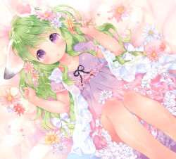 Rule 34 | 1girl, :o, animal ears, bad id, bad pixiv id, black ribbon, blurry, blush, bokeh, bow, breasts, collarbone, depth of field, dress, flower, frilled dress, frilled sleeves, frills, green hair, hair flower, hair ornament, hands up, holding, holding flower, long hair, lying, mutou mato, on back, on bed, original, pink flower, purple dress, purple eyes, rabbit ears, ribbon, see-through, short sleeves, small breasts, solo, white bow, white flower
