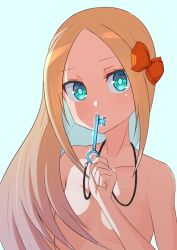 Rule 34 | 1girl, abigail williams (fate), absurdres, blonde hair, blue background, blue eyes, bow, breasts, collarbone, convenient arm, fate/grand order, fate (series), forehead, hair bow, highres, holding, holding key, key, kopaka (karda nui), long hair, looking at viewer, nude, orange bow, parted bangs, simple background, small breasts, solo, upper body, very long hair