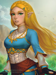 Rule 34 | 1girl, arms at sides, bird, black gloves, blonde hair, breasts, cloud, day, fingerless gloves, gloves, green eyes, grin, hair ornament, hairclip, highres, lips, long hair, long sleeves, looking at viewer, medium breasts, neck, nintendo, outdoors, parted lips, pointy ears, princess zelda, realistic, sciamano240, sky, smile, solo, standing, straight hair, the legend of zelda, the legend of zelda: breath of the wild