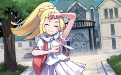Rule 34 | ^ ^, backpack, bag, blonde hair, blue sky, blush, castle, closed eyes, creatures (company), day, door, facing viewer, flat chest, game freak, grass, happy, kodama (artist), lillie (pokemon), nintendo, official art, outdoors, pokemon, pokemon tcg, pokemon usum, ponytail, shirt, sidelocks, skirt, sky, solo, standing, third-party source, tree, white shirt, white skirt, window
