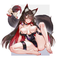 Rule 34 | 1girl, absurdres, animal ear fluff, animal ears, barefoot, black choker, black leotard, blue archive, blush, bow, breasts, breasts apart, brown hair, cameltoe, choker, cleft of venus, colored inner hair, fox ears, fox girl, fox tail, highres, knee up, large breasts, large tail, leotard, long hair, multicolored hair, nail polish, parted lips, picter, red hair, red nails, resolution mismatch, solo, source smaller, strapless, strapless leotard, tail, tail bow, tail ornament, thigh strap, toenail polish, toenails, very long hair, wakamo (blue archive), yellow eyes