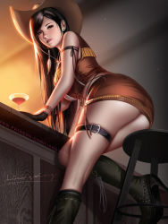 Rule 34 | 1girl, alternate costume, ass, bar stool, black footwear, black gloves, black hair, blush, boots, bracelet, breasts, brown hat, brown skirt, brown vest, buckle, cowboy hat, cowgirl (western), earrings, final fantasy, final fantasy vii, final fantasy vii remake, fringe trim, from behind, from below, gloves, hat, high heel boots, high heels, highres, indoors, jewelry, knee boots, leaning forward, liang xing, light, long hair, looking at viewer, looking back, looking down, medium breasts, miniskirt, parted lips, red eyes, red lips, signature, skirt, smile, solo, square enix, stool, stud earrings, swept bangs, thigh strap, tifa lockhart, tifa lockhart (cowgirl), vest