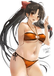 Rule 34 | 1girl, ahoge, alternate hairstyle, bikini, black hair, breasts, brown eyes, cleavage cutout, clothing cutout, dated, high ponytail, kantai collection, long hair, looking at viewer, medium breasts, one-hour drawing challenge, orange bikini, ponytail, shouhou (kancolle), side-tie bikini bottom, signature, simple background, solo, swimsuit, toka (marchlizard), white background