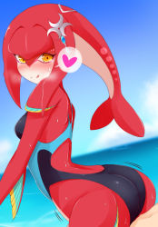 Rule 34 | 1boy, 1girl, ass, ayatori (aytr), bare shoulders, blush, breasts, competition swimsuit, fins, fish girl, fish tail, highres, looking at the side, medium breasts, mipha, naughty face, nintendo, one-piece swimsuit, orange eyes, shiny clothes, shiny skin, sideboob, smile, swimsuit, tail, the legend of zelda, the legend of zelda: breath of the wild, tongue, tongue out, zora