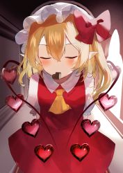 Rule 34 | 1girl, arms behind back, ascot, blonde hair, blush, bow, candy, chocolate, chocolate heart, dress, closed eyes, flandre scarlet, food, hair between eyes, hat, heart, mob cap, mouth hold, pointy ears, red bow, red dress, red eyes, sakizaki saki-p, short hair, short sleeves, side ponytail, solo, touhou, valentine, wings, yellow ascot