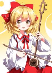 Rule 34 | 1girl, :d, blonde hair, blush, bow, bow (music), commentary request, detached sleeves, erhu, frilled shirt collar, frills, hair bobbles, hair bow, hair ornament, happy, highres, instrument, japanese clothes, kariginu, long sleeves, looking at viewer, music, neck ribbon, open mouth, playing instrument, red bow, red ribbon, red skirt, ribbon, ruu (tksymkw), satsuki rin, shirt, skirt, smile, solo, touhou, upper body, white shirt, wide sleeves, yellow background, yellow eyes, yin yang, yin yang print