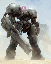 Rule 34 | artist name, chinese commentary, cloud, cloudy sky, commentary request, dated, day, desert, full body, gun, gundam, gundam wing, highres, holding, holding gun, holding weapon, mecha, mecha focus, no humans, outdoors, robot, science fiction, sky, solo focus, standing, virgo (mobile suit), weapon, windforcelan