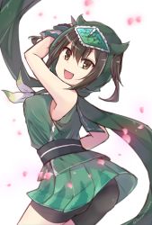 Rule 34 | 10s, 1girl, animal hood, bike shorts, black shorts, brown eyes, brown hair, cherry blossoms, cosplay, cowboy shot, green sailor collar, green scarf, highres, hood, japanese clothes, kantai collection, kemono friends, looking at viewer, ninja, open mouth, panther chameleon (kemono friends), panther chameleon (kemono friends) (cosplay), petals, sailor collar, scarf, sendai (kancolle), short hair, shorts, smile, solo, trait connection, two side up, white background, zhi zhi/zu zu