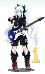 Rule 34 | 1girl, ;), absurdres, animal ear headphones, animal ears, black jacket, black pants, blush, cat ear headphones, closed mouth, commentary request, electric guitar, fake animal ears, full body, gradient background, grey background, guitar, headphones, heart, highres, holding, holding instrument, holding plectrum, hood, hood down, hooded jacket, instrument, jacket, kagura gumi, kagura mea, kaiven banzhang, long hair, long sleeves, low twintails, one eye closed, pants, plectrum, red footwear, shadow, shoes, smile, solo, standing, star (symbol), twintails, v-shaped eyebrows, very long hair, virtual youtuber, white background, white hair