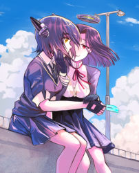 Rule 34 | 10s, 2girls, alternate eye color, black gloves, cloud, cloudy sky, day, fingerless gloves, food, from side, gloves, grabbing another&#039;s chin, hair between eyes, hair intakes, halo, hand on another&#039;s chin, kantai collection, looking at another, looking away, mechanical halo, miniskirt, multiple girls, open mouth, pleated skirt, popsicle, purple hair, red eyes, school uniform, short hair, short sleeves, siblings, sisters, sitting, skirt, sky, tatsuta (kancolle), tenryuu (kancolle), yellow eyes, yuri, zik (zelco)