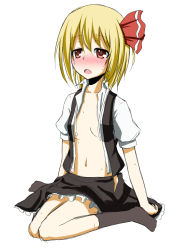 Rule 34 | 1girl, :o, blonde hair, blush, female focus, flask (pandora), flat chest, frilled skirt, frills, hair ribbon, highres, navel, no bra, no panties, open clothes, open mouth, open shirt, open skirt, red eyes, ribbon, rumia, shirt, short hair, simple background, sitting, sketch, skirt, solo, sweat, touhou, untied, vest, wariza, white background