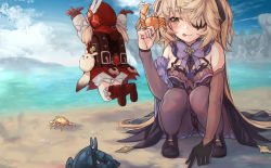 Rule 34 | 2girls, absurdres, backpack, bag, bare shoulders, beach, blonde hair, blush, boots, bow, breasts, charm (object), crab, day, dress, eyepatch, fischl (genshin impact), fishnets, genshin impact, gloves, grabbing, green eyes, hair ribbon, hands up, highres, huge filesize, jumping, klee (genshin impact), licking lips, long hair, looking away, medium breasts, multiple girls, outdoors, purple bow, pyro (genshin impact), red headwear, resolution mismatch, ribbon, sand, single glove, source smaller, squatting, tongue, tongue out, torriet, vision (genshin impact), water