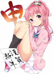 Rule 34 | 1girl, black socks, blush, borrowed character, c:, cardigan, chikuwa., chinese zodiac, closed mouth, from side, full body, hair ornament, hands on own knees, happy new year, kneehighs, knees up, long hair, looking at viewer, miniskirt, new year, original, paper, pink footwear, pink hair, plantar flexion, pleated skirt, purple eyes, rabbit hair ornament, sailor collar, shoes, sidelocks, sitting, skirt, sleeves past wrists, smile, sneakers, socks, solo, thighs, white skirt, year of the monkey