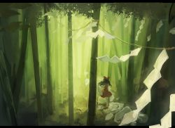 Rule 34 | 1girl, bad id, bad pixiv id, bamboo, bamboo forest, black hair, bow, detached sleeves, foreshortening, forest, from behind, hair bow, hakurei reimu, highres, letterboxed, long hair, nature, nazoko, red footwear, red skirt, rope, scenery, shimenawa, shoes, skirt, sleeveless, solo, standing, stone, touhou, wind
