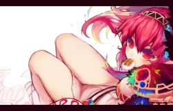 Rule 34 | 1girl, bad id, bad pixiv id, breasts, eating, food, hairband, htm (gixig), legs, letterboxed, pink hair, pointy ears, ragnarok online, red eyes, solo, sorcerer (ragnarok online)