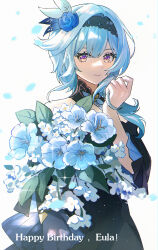 Rule 34 | 1girl, absurdres, black dress, black hair, blue flower, blue hair, blue rose, bouquet, closed mouth, detached collar, dress, eula (genshin concert) (genshin impact), eula (genshin impact), falling petals, flower, genshin impact, hair flower, hair ornament, hand up, happy birthday, highres, holding, holding bouquet, looking at viewer, medium hair, official alternate costume, petals, playing with own hair, purple eyes, rose, sidelocks, simple background, solo, upper body, white background, ya danhuang