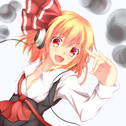 Rule 34 | 1girl, \m/, bad id, bad pixiv id, blonde hair, blush, fang, female focus, gennsuikyou, hair ribbon, headphones, long sleeves, open clothes, open mouth, open shirt, red eyes, ribbon, rumia, shirt, short hair, smile, solo, touhou, undone