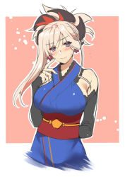 Rule 34 | 1girl, arm behind back, asymmetrical hair, bare shoulders, blue eyes, blue kimono, blush, border, breasts, closed mouth, detached sleeves, earrings, fate/grand order, fate (series), hair ornament, hinazuka ryou, japanese clothes, jewelry, kimono, large breasts, long hair, looking at viewer, miyamoto musashi (fate), miyamoto musashi (first ascension) (fate), obi, pink background, pink hair, ponytail, sash, simple background, sleeveless, sleeveless kimono, solo, swept bangs, white border