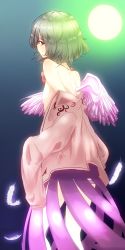 Rule 34 | 1girl, back, bow, brown jacket, commentary request, dress, unworn dress, feathers, flat chest, full moon, glowing, glowing feather, grey hair, highres, jacket, kishin sagume, looking at viewer, looking back, moon, moonlight, nipples, off shoulder, panties, purple dress, purple panties, purple wings, red eyes, removing jacket, ru no, sad, short hair, single wing, solo, touhou, underwear, wings