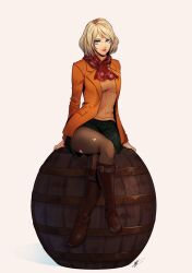 Rule 34 | 1girl, ashley graham, barrel, blonde hair, blue eyes, boots, brown footwear, brown pantyhose, closed mouth, commentary, crossed legs, eightyfourart, english commentary, green skirt, highres, jacket, lips, long sleeves, looking at viewer, miniskirt, open clothes, open jacket, orange jacket, orange sweater, pantyhose, pink lips, plaid, plaid skirt, pocket, red scarf, resident evil, resident evil 4, resident evil 4 (remake), ribbed sweater, scarf, short hair, signature, simple background, sitting, skirt, smile, solo, sweater, torn clothes, torn pantyhose, turtleneck, turtleneck sweater, white background