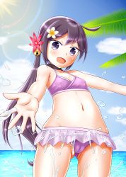 Rule 34 | 1girl, absurdres, akebono (kancolle), akebono kai ni (kancolle), bell, bikini, bikini skirt, blue sky, cameltoe, cleft of venus, cloud, commentary request, day, flower, hair bell, hair flower, hair ornament, highres, jingle bell, kantai collection, long hair, looking at viewer, navel, official art, outdoors, palm leaf, pink bikini, purple eyes, purple hair, side ponytail, sky, solo, splashing, swimsuit, very long hair, water, we (joshi ni fumare tai)
