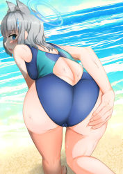 Rule 34 | 1girl, absurdres, alternate costume, animal ears, artist request, ass, ass focus, ass grab, bare shoulders, barefoot, blue archive, blue eyes, blue one-piece swimsuit, blush, breasts, cameltoe, competition swimsuit, deep skin, embarrassed, from behind, halo, highres, looking back, medium breasts, medium hair, one-piece swimsuit, open mouth, shiny clothes, shiny skin, shiroko (blue archive), shiroko (swimsuit) (blue archive), silver hair, solo, swimsuit, water, wet, wet clothes, wet hair