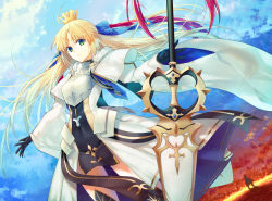 Rule 34 | 1girl, ahoge, armor, artoria caster (fate), artoria caster (third ascension) (fate), artoria pendragon (all), artoria pendragon (fate), black gloves, black thighhighs, blonde hair, blue ribbon, breastplate, breasts, closed mouth, commentary, cowboy shot, crown, dress, facial mark, fate/grand order, fate (series), fire, forehead mark, forehead tattoo, fur trim, gloves, green eyes, hair ribbon, highres, kuroaki, long hair, long sleeves, looking at viewer, marmyadose (fate), medium breasts, outdoors, outstretched arms, parted bangs, ribbon, saber (fate), sky, solo, spread arms, standing, thighhighs, very long hair, weapon, white dress, wide sleeves