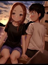 Rule 34 | 1boy, 1girl, absurdres, bird, black hair, black pants, black shirt, blush, brown eyes, brown hair, closed mouth, cloud, commentary request, cowboy shot, denim, denim shorts, evening, from behind, hand on another&#039;s hand, highres, karakai jouzu no takagi-san, letterboxed, long hair, looking at another, looking back, looking to the side, nishikata, ocean, outdoors, pants, shirt, short hair, short sleeves, shorts, sitting, takagi-san, toukan, twilight, white shirt