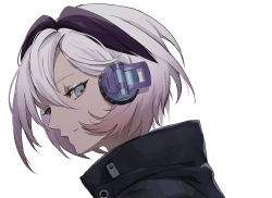 Rule 34 | 1girl, absurdres, black coat, blue eyes, cevio, ci flower, closed eyes, coat, commentary, expressionless, flower, flower (vocaloid), from side, headphones, highres, mujikuro, multicolored hair, portrait, profile, purple hair, short hair, sideways glance, simple background, solo, streaked hair, upper body, vocaloid, white background, white hair