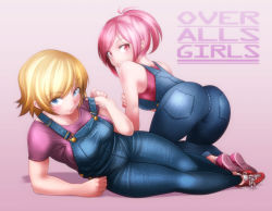 Rule 34 | 2girls, all fours, artist request, ass, bare shoulders, blonde hair, blue eyes, blush, breasts, denim, large breasts, looking at viewer, looking back, lying, multiple girls, on side, original, overalls, pink eyes, pink hair, ponytail, shoes, short hair, sideboob, smile, sneakers