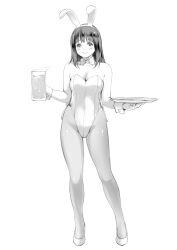 Rule 34 | 1girl, absurdres, animal ears, beer mug, bow, bowtie, breasts, cleavage, cup, detached collar, full body, highres, leotard, long hair, looking at viewer, macosee, medium breasts, monochrome, mug, original, pantyhose, playboy bunny, rabbit ears, smile, solo, standing, straight-on, strapless, strapless leotard, tray, wrist cuffs